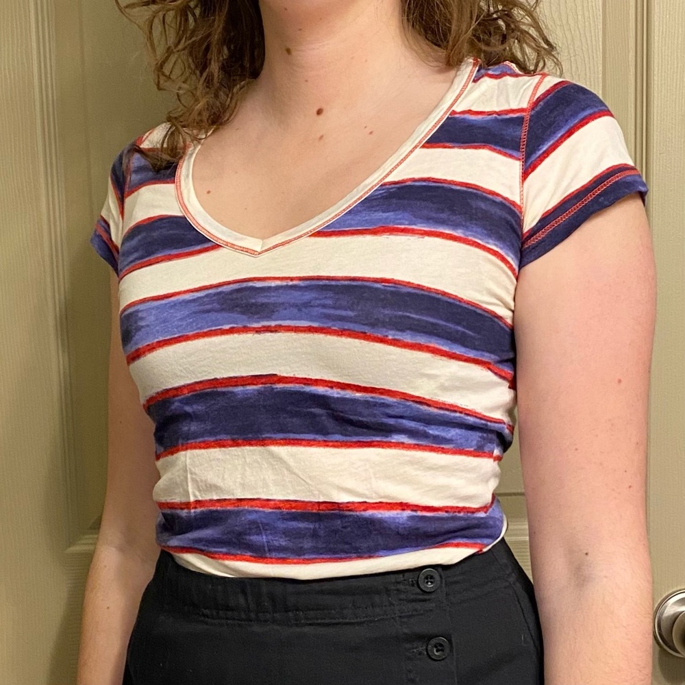Y2K Gap 100% Pima Cotton T Shirt, red, white, and blue strips. Size XS